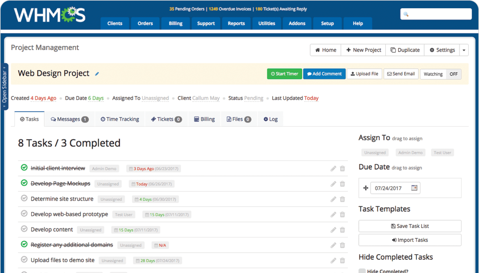 Project Management Dashboard of WHMCS